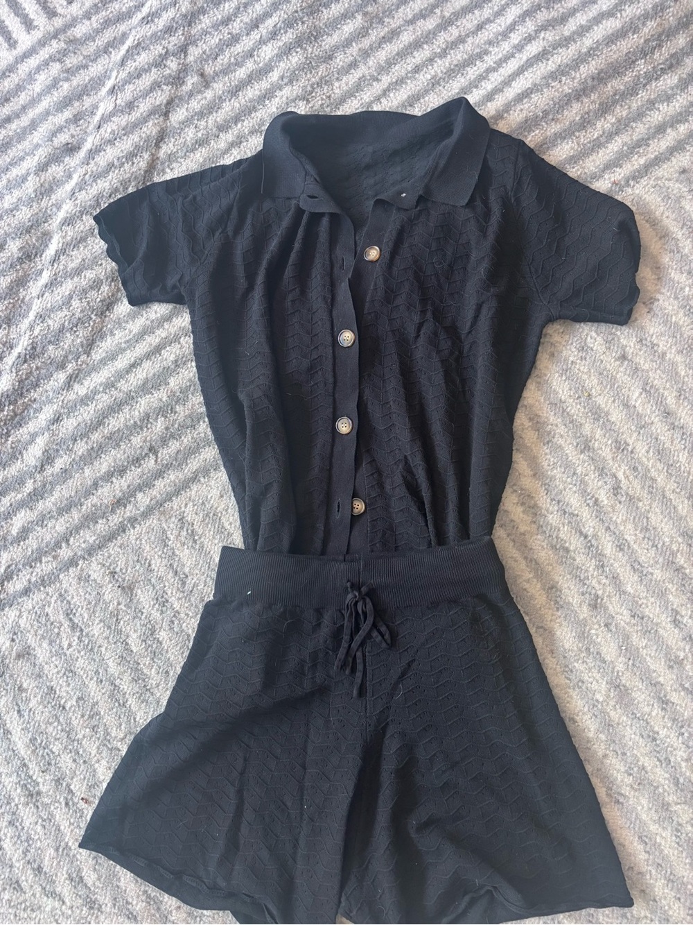 Black Knit Short Set - Button Front Polo Top & Drawstring Shorts